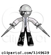 Gray Doctor Scientist Man Two Sword Defense Pose