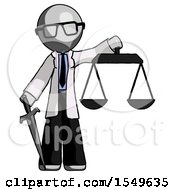 Poster, Art Print Of Gray Doctor Scientist Man Justice Concept With Scales And Sword Justicia Derived