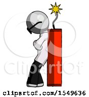 Gray Doctor Scientist Man Leaning Against Dynimate Large Stick Ready To Blow
