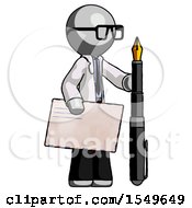 Poster, Art Print Of Gray Doctor Scientist Man Holding Large Envelope And Calligraphy Pen