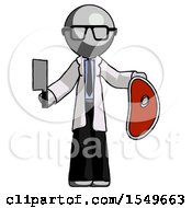 Gray Doctor Scientist Man Holding Large Steak With Butcher Knife