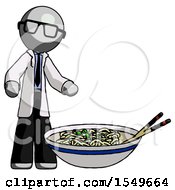 Poster, Art Print Of Gray Doctor Scientist Man And Noodle Bowl Giant Soup Restaraunt Concept