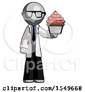 Gray Doctor Scientist Man Presenting Pink Cupcake To Viewer