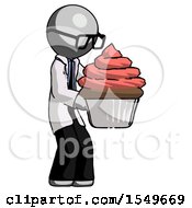 Poster, Art Print Of Gray Doctor Scientist Man Holding Large Cupcake Ready To Eat Or Serve