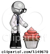 Gray Doctor Scientist Man With Giant Cupcake Dessert