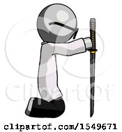 Poster, Art Print Of Gray Doctor Scientist Man Kneeling With Ninja Sword Katana Showing Respect