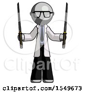 Gray Doctor Scientist Man Posing With Two Ninja Sword Katanas Up
