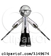 Gray Doctor Scientist Man Posing With Two Ninja Sword Katanas