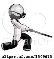 Gray Doctor Scientist Man With Ninja Sword Katana Slicing Or Striking Something