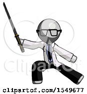 Gray Doctor Scientist Man With Ninja Sword Katana In Defense Pose