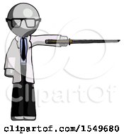 Poster, Art Print Of Gray Doctor Scientist Man Standing With Ninja Sword Katana Pointing Right