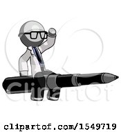 Gray Doctor Scientist Man Riding A Pen Like A Giant Rocket
