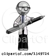 Gray Doctor Scientist Man Posing Confidently With Giant Pen