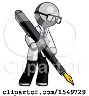 Gray Doctor Scientist Man Drawing Or Writing With Large Calligraphy Pen