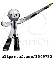 Poster, Art Print Of Gray Doctor Scientist Man Pen Is Mightier Than The Sword Calligraphy Pose