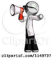 Poster, Art Print Of Gray Doctor Scientist Man Shouting Into Megaphone Bullhorn Facing Left