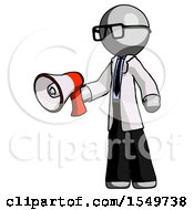 Poster, Art Print Of Gray Doctor Scientist Man Holding Megaphone Bullhorn Facing Right