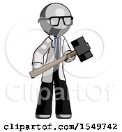 Poster, Art Print Of Gray Doctor Scientist Man With Sledgehammer Standing Ready To Work Or Defend