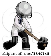 Poster, Art Print Of Gray Doctor Scientist Man Hitting With Sledgehammer Or Smashing Something At Angle