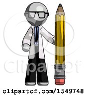 Poster, Art Print Of Gray Doctor Scientist Man With Large Pencil Standing Ready To Write