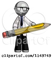 Gray Doctor Scientist Man Writer Or Blogger Holding Large Pencil