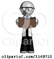Gray Doctor Scientist Man Reading Book While Standing Up Facing Viewer