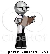 Gray Doctor Scientist Man Reading Book While Standing Up Facing Away