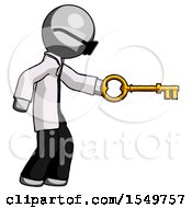 Gray Doctor Scientist Man With Big Key Of Gold Opening Something