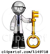 Gray Doctor Scientist Man Holding Key Made Of Gold