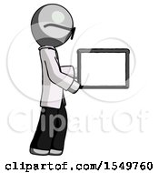 Poster, Art Print Of Gray Doctor Scientist Man Show Tablet Device Computer To Viewer Blank Area