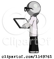 Poster, Art Print Of Gray Doctor Scientist Man Looking At Tablet Device Computer With Back To Viewer