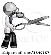 Gray Doctor Scientist Man Holding Giant Scissors Cutting Out Something