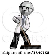 Poster, Art Print Of Gray Doctor Scientist Man Cleaning Services Janitor Sweeping Floor With Push Broom