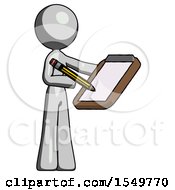 Gray Design Mascot Woman Using Clipboard And Pencil