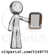 Gray Design Mascot Man Showing Clipboard To Viewer