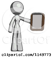 Poster, Art Print Of Gray Design Mascot Woman Showing Clipboard To Viewer