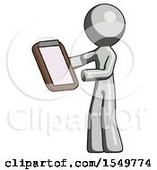 Gray Design Mascot Man Reviewing Stuff On Clipboard