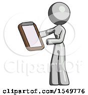 Gray Design Mascot Woman Reviewing Stuff On Clipboard