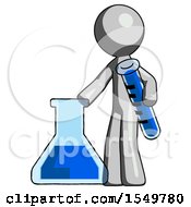 Poster, Art Print Of Gray Design Mascot Man Holding Test Tube Beside Beaker Or Flask