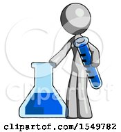 Gray Design Mascot Woman Holding Test Tube Beside Beaker Or Flask