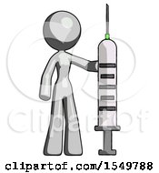 Gray Design Mascot Woman Holding Large Syringe