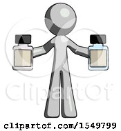 Gray Design Mascot Man Holding Two Medicine Bottles