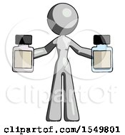Gray Design Mascot Woman Holding Two Medicine Bottles