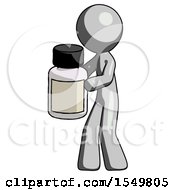 Poster, Art Print Of Gray Design Mascot Man Holding White Medicine Bottle
