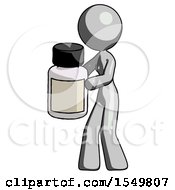 Gray Design Mascot Woman Holding White Medicine Bottle