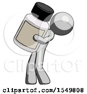 Gray Design Mascot Man Holding Large White Medicine Bottle