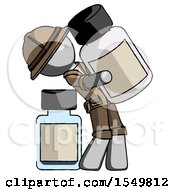 Gray Explorer Ranger Man Holding Large White Medicine Bottle With Bottle In Background