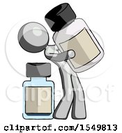 Gray Design Mascot Woman Holding Large White Medicine Bottle With Bottle In Background