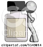 Poster, Art Print Of Gray Design Mascot Man Leaning Against Large Medicine Bottle