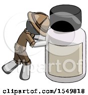 Gray Explorer Ranger Man Pushing Large Medicine Bottle